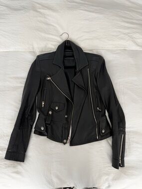 Marc Laurent Women's Black Leather Biker Jacket with Zip Details